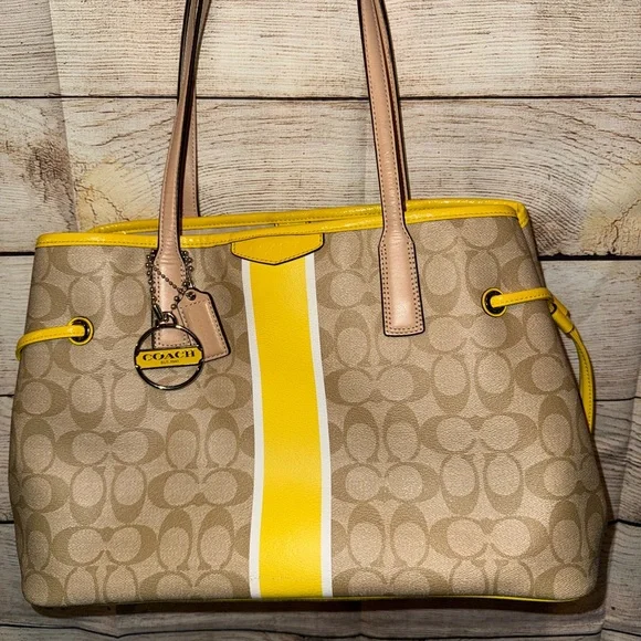 Coach Beige and Yellow Signature Drawstring Tote - Picture 1 of 12